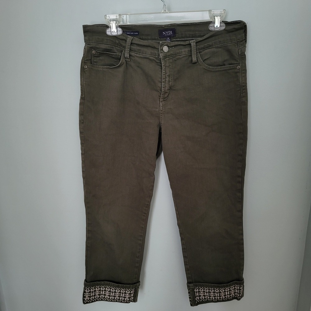 NYDJ Women 10 Dayla Embroidered Wide Leg Capri Green Denim Jeans 10 Lift Tuck